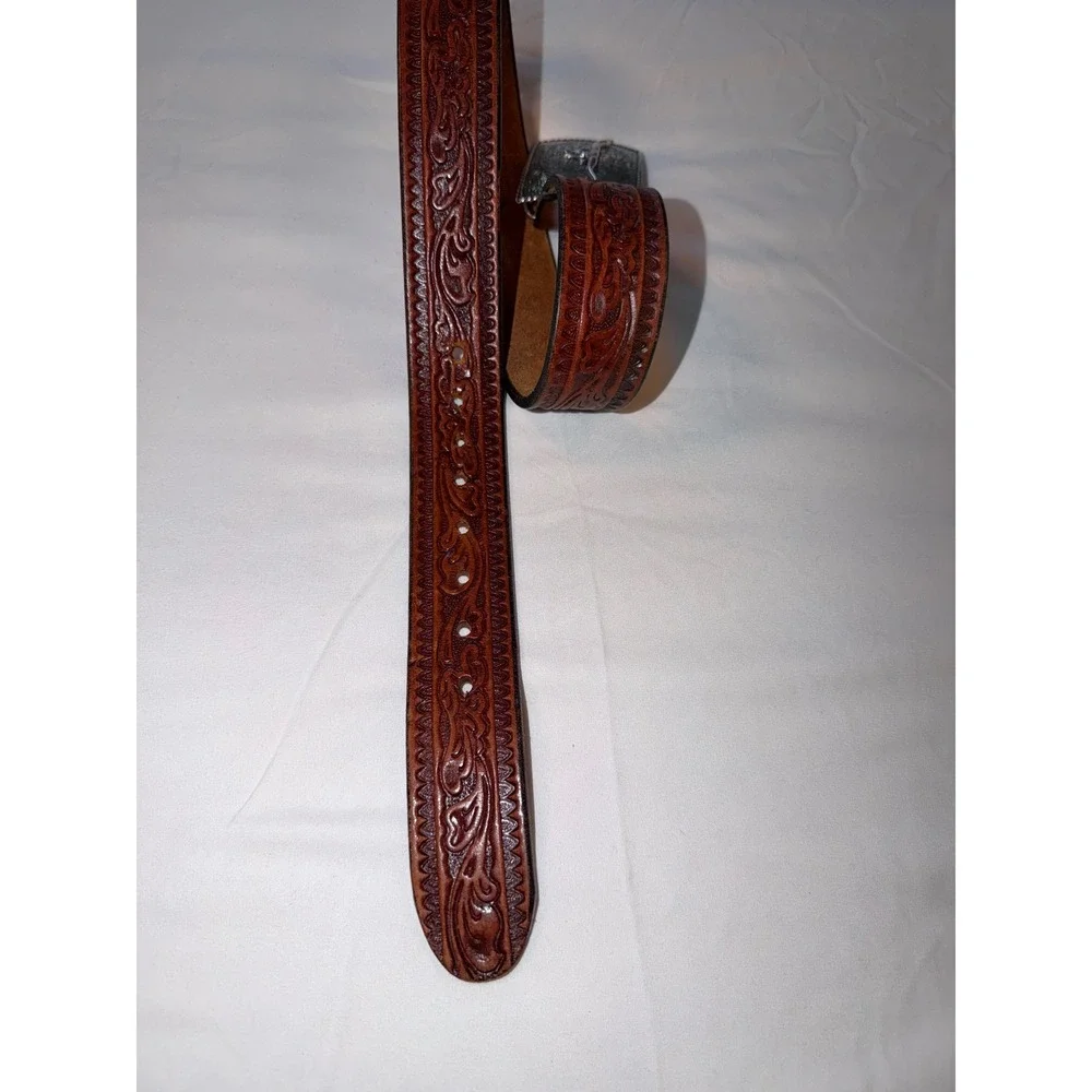Nocona Mens Brown Tooled Leather Western Longhorn Trophy Buckle Belt 30 1150